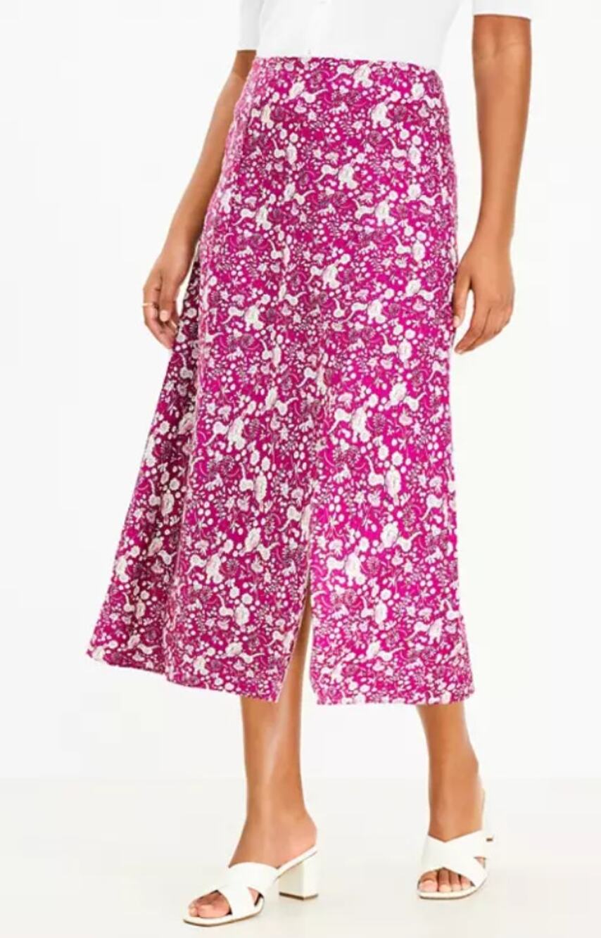 Loft Floral Linen Blend Side Slit Cottagecore Midi Skirt Size 12